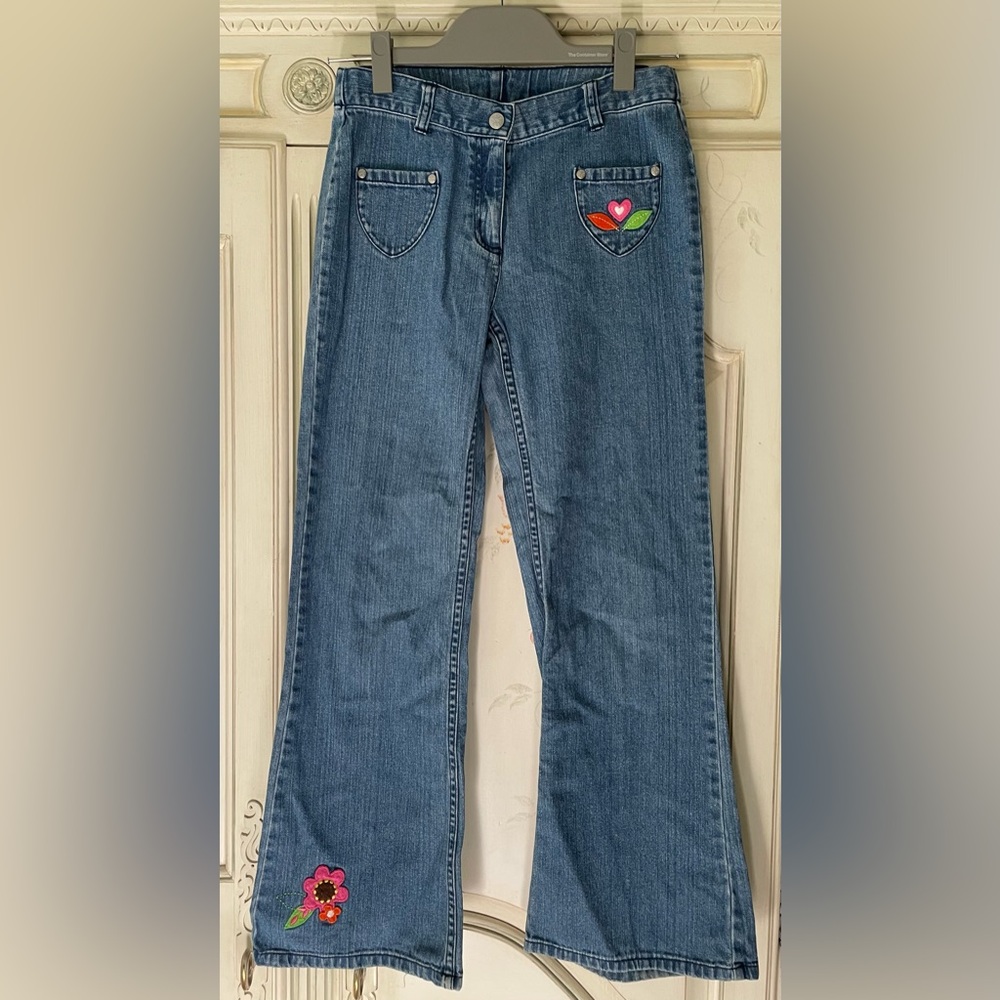 Hanna Andersson Blue Flare Jeans with Colorful Heart & Flower Details